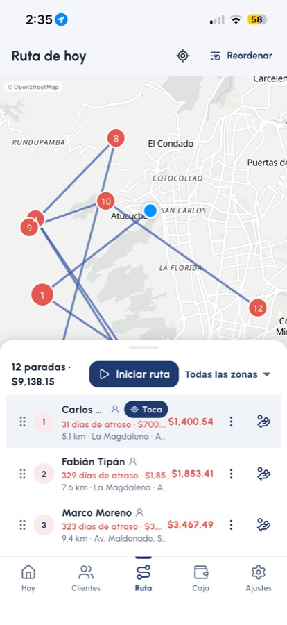 Ruta de cobro en el mapa