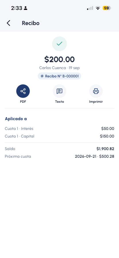 Recibo numerado de un cobro